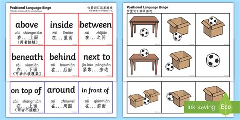 Positional Language Bingo English/Mandarin Chinese/Pinyin - Positional