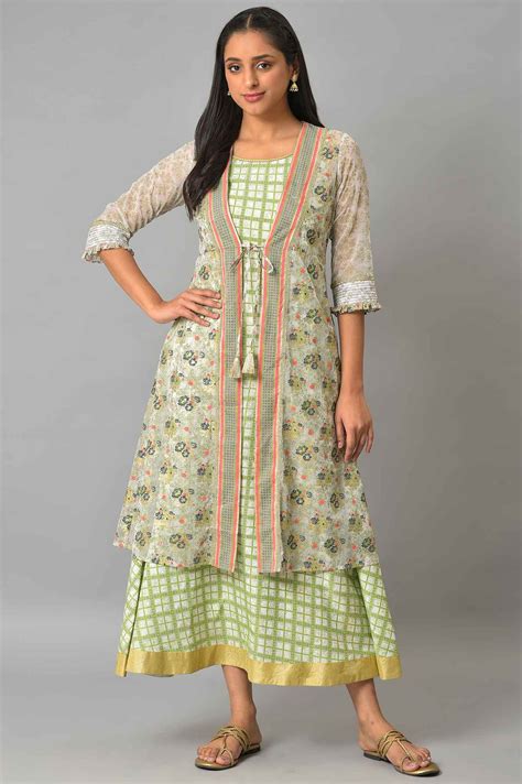 Buy White Sheer Gillet With Green Printed Sleeveless Inner Dress Online ...