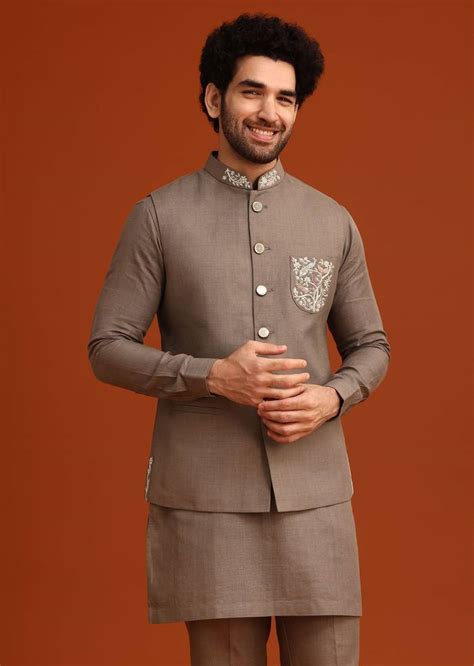 Grey Zardozi Work Linen Jacket Kurta Set