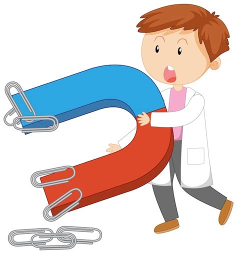 Cute male scientist cartoon character with magnet | Free Vector