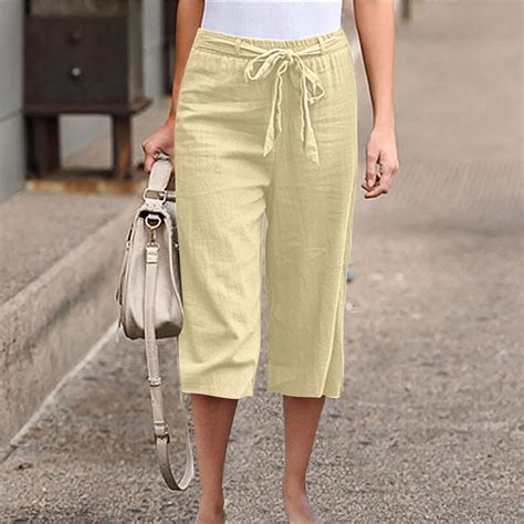 Frostluinai Women's Linen Capri Pants High Waist Tie Capris Baggy Wide ...