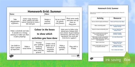Summer Themed Homework Grid (teacher made) - Twinkl