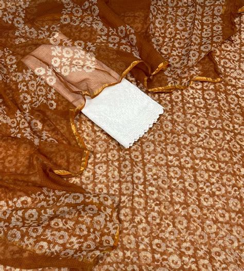 Wax Batik Kota Doria Salwar Suit with Embroidered Bottom - Leheriya.com