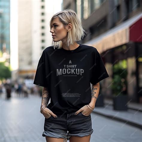 PSD white oversize tshirt streetwear mockup worn by women with street ...