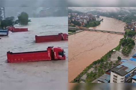 四川达州突降暴雨：汽车驾驶位被淹没，河流水位暴涨接近桥面