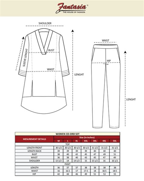 Co-ord sets Size Chart – Fantasia Fashions LLP