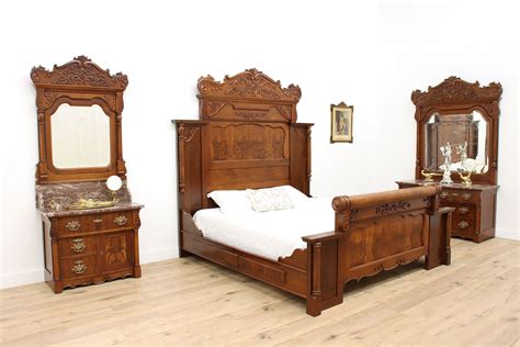 Victorian Antique Walnut & Marble 3 Pc Bedroom Set, King Bed