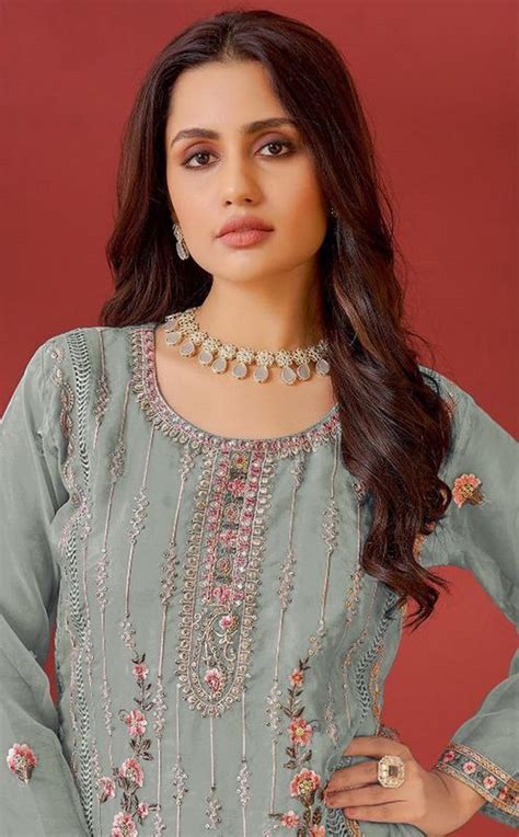 Green Color Organza Fabric Designer Embroidery Work Pakistani Style Sa ...