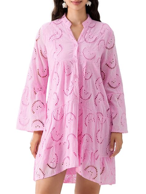 Bangyeer Women V Neck Dress Floral Dress Long Sleeve Button Loose A ...