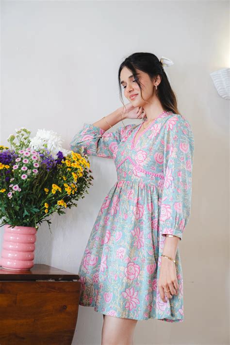 Floral Print Cotton short Dress with Sleeves and Back Bow Tie-up with ...