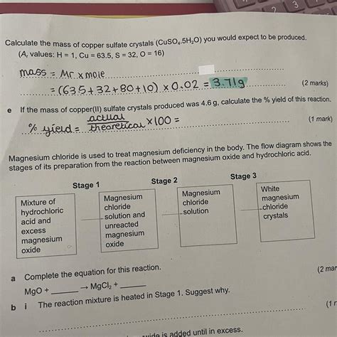 If the mass of copper(II) sulfate crystals produced was 4.6 g, calculate the % yield of this ...