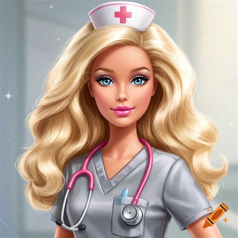 Barbie doll with big hair in grey nurse scrubs on Craiyon