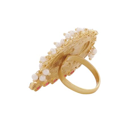 Gold-Plated Red Kundan Studded Peacock Rings