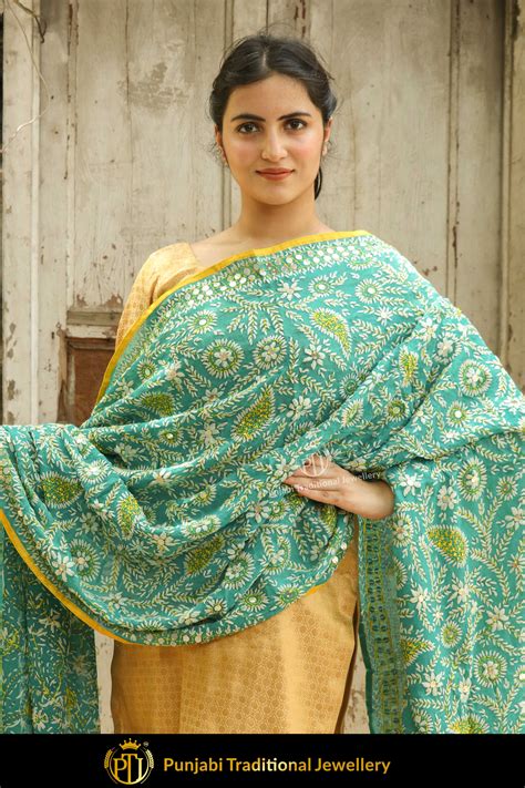 Firozi Color Pure Phulkari Dupatta By Punjabi Traditional Jewellery