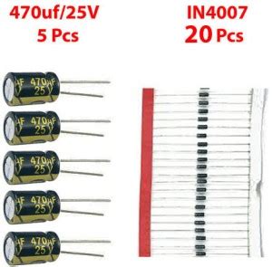 ELPH 5 pcs 470uF/25V Capacitor & 20 pcs 1N4007 Rectifier Diode for ...