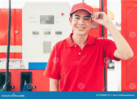 Portrait Gas Station Service Staff Asian Male Worker Happy Smiling Working Car Gasoline Refill ...