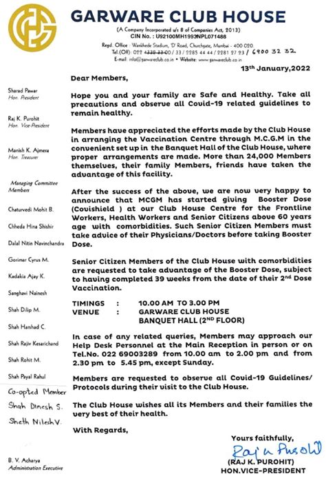 Booster Dose Notice from VP - Garware Club House