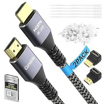 Certified HDMI Cable, Real 8K 2.1 Cable 6.5 Feet (2 Pack), 48Gbps ...