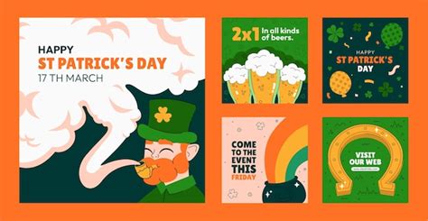 Flat st patricks day instagram posts collection | Free Vector
