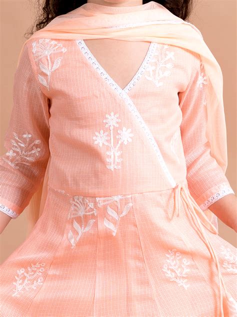 Shop Pspeaches Girls Peach-Coloured Floral Printed Angrakha Pure Cotton ...