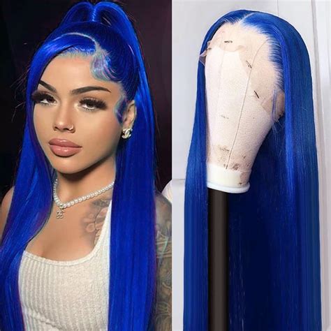 Amazon.com : 30 Inch Blue Lace Front Wigs Human Hair Straight Frontal ...
