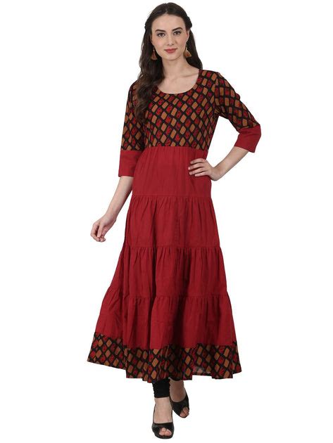 Nayo Red printed 3/4 sleeve coton tiered anarkali kurta – Nayo Clothing