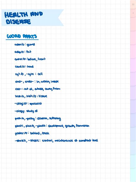 Health and Disease - HEALTH AND DISEASE WORD PARTS aden/8: gland adip/O ...