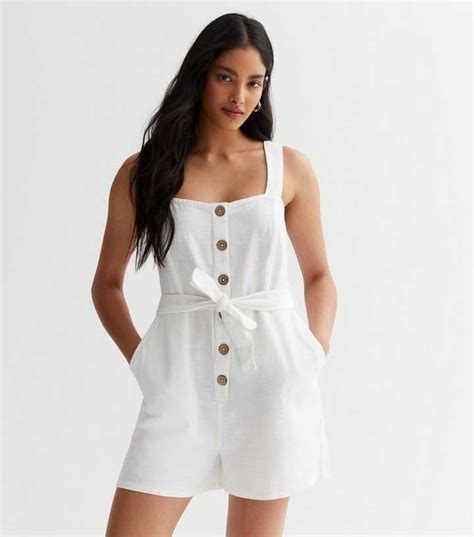 White Cotton Button Front Playsuit | New Look