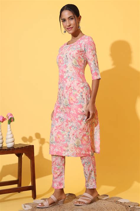 Buy Pink Floral Printed Cotton Shimmer Straight Kurta and Trousers Co ...