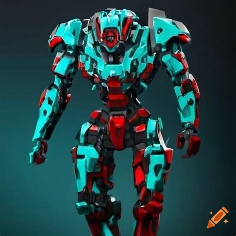 Red and teal mecha wielding a knife