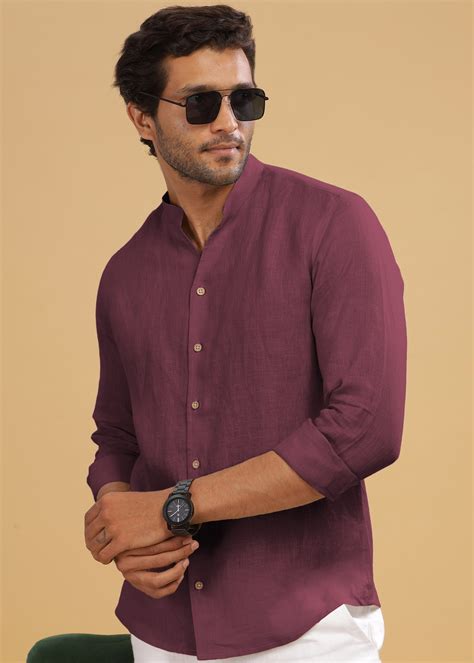 Purple V Neck Mandarin Collar Pure Linen Full Sleeve Shirt for Men ...
