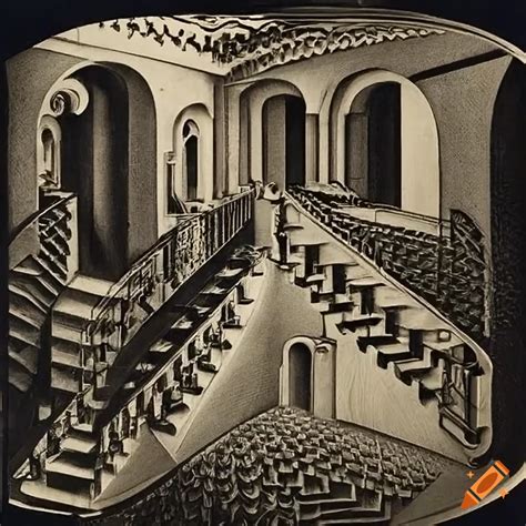 People running on stairs in the painting "Relativity" by M. C. Escher ...