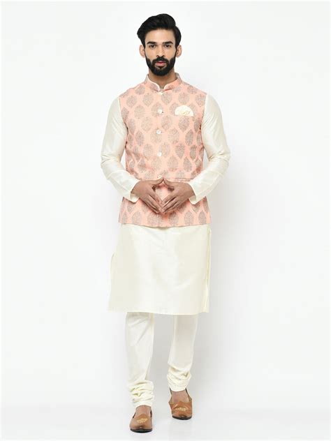 Pink Nehru Jacket Set â€“ Woven Ethnic Motifs Kurta with Cream Churida ...