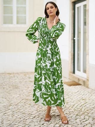Yumi Abstract Print Ruched Midi Dress, Green/White