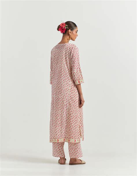 Multi colored cotton hand-block printed kurta set with side panels, de ...