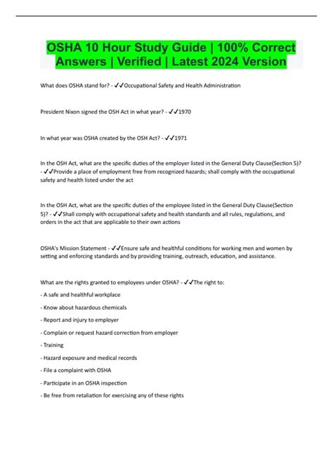 OSHA 10 Hour Study Guide | 100% Correct Answers | Verified | Latest ...