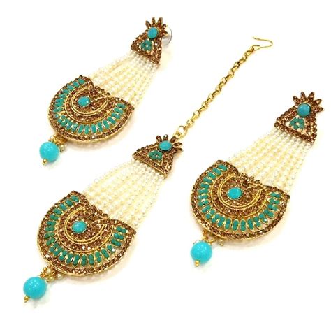 Buy HARITA Jhumar Style Light Blue Stone Kundan White Pearl Jhoomar ...