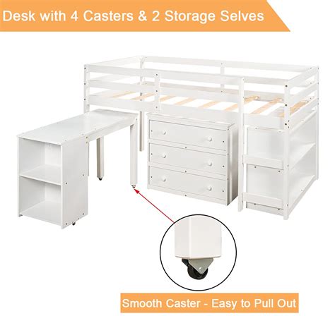 ZBRO Low Study Twin Loft Bed with Rolling Portable Desk,Loft Bed Twin ...