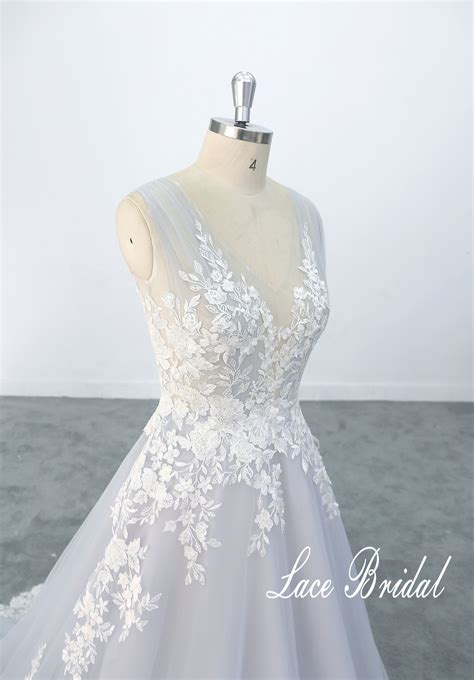 Light Blue Boho Wedding Dress With Floral Lace Applique V Back - Etsy