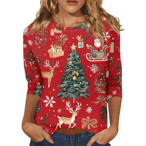 BDPORKAS Womens Christmas T-Shirts 3/4 Sleeve Christmas Tops for Women ...