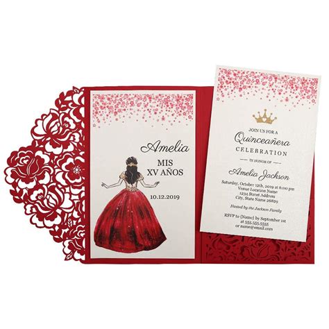DORIS HOME 4.7x7 Inch 50PCS Blank Red Quinceanera Invitations Kit Laser ...