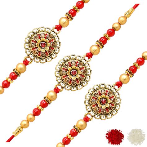Flower Design Hand Painted Bracelate Rakhi Set of 3 with Roli chawal n ...