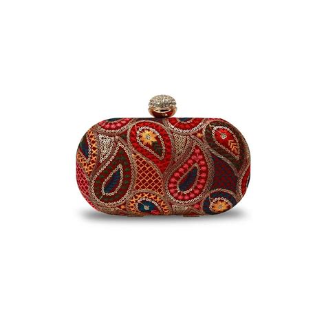 Buy THE TAN CLAN Multi-Color Motif Oval Clutch with Detachable Chain Online