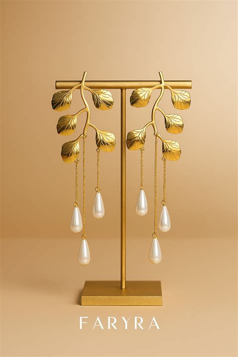 Anti-Tarnish Gold Leaf Pearl Drop Earrings for women
