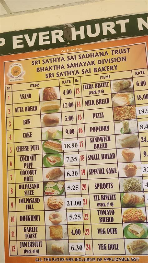 Menu at Bakery, Puttaparthi