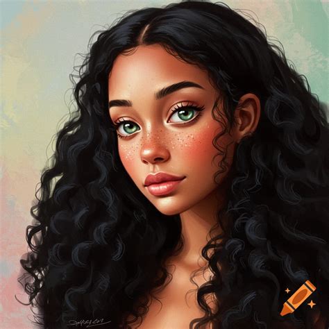 A close-up portrait of a young woman with long curly black hair, green ...