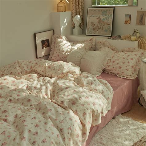 Pink Floral Ruffled Duvet Cover Set, Cotton Bedding Sets, Aesthetic ...