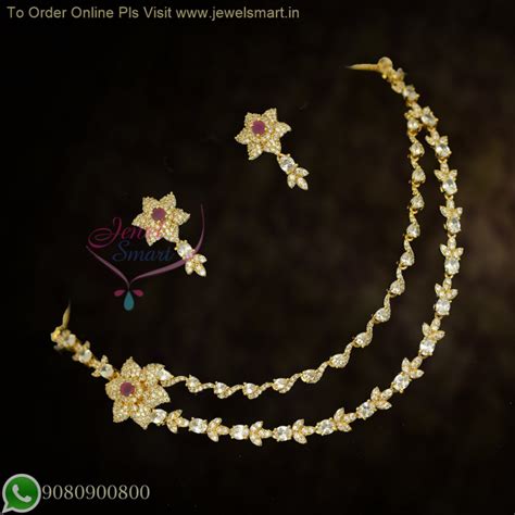CZ Layered Necklace Designs with Floral Earrings & Mugappu | Elegant ...