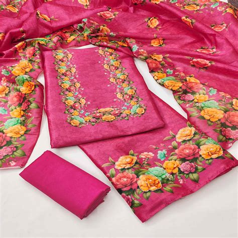 Stylish Rani Pink Assam Art Silk Dress Material Accented With Floral D