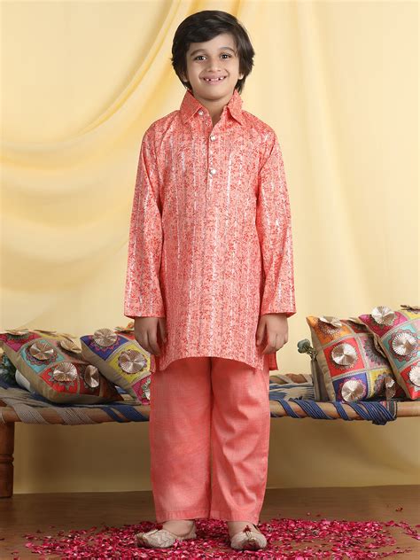 Cutiekins Boys Floral Print Shirt Collar Kurta with Pajama -Coral & Or
